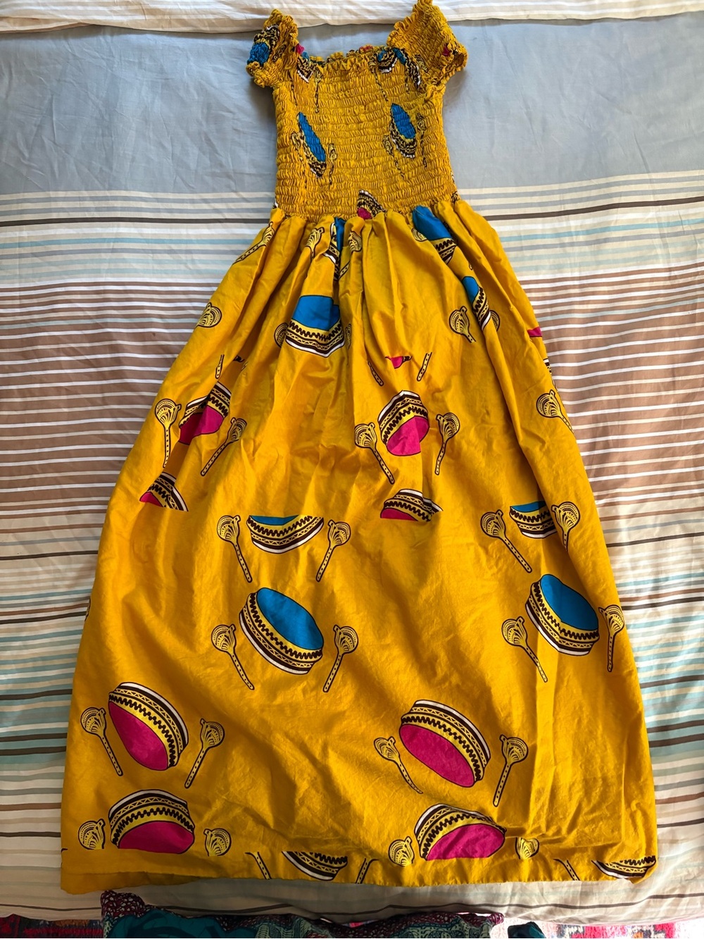 Yellow African Print Smocked Maxi Dress with Blue & Pink Drum Print size XS - M
